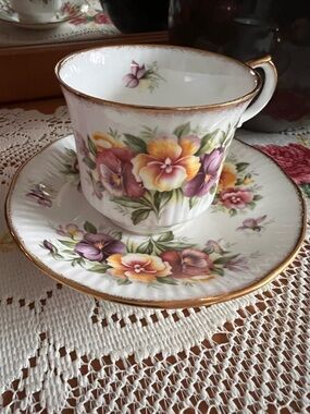 Floral Pansy Porcelain Tea Cup and Saucer - Purple & Yellow